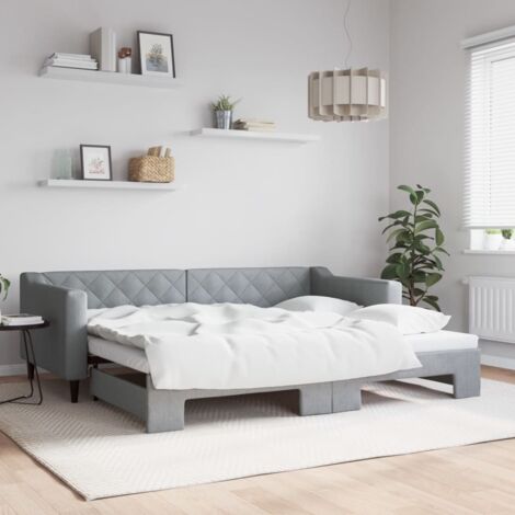 Vidaxl – Lit escamotable 90x200 cm avec lit gigogne – Structure en bois et métal – Tissu polyester gris clair – Dimensions déplié 223x192,5x67 cm (1/5)