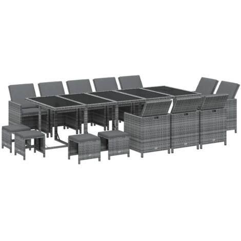 vidaXL Ensemble à manger de jardin coussins 15 pcs Résine tressée Gris