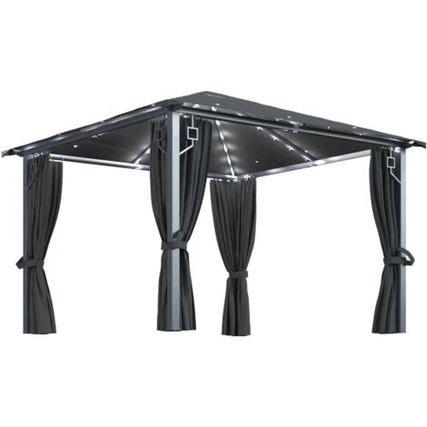 Vidaxl – Tonnelle 3x3 m avec rideaux et guirlande LED – Aluminium anthracite – Toit en tissu Oxford résistant aux UV – 4 parois latérales