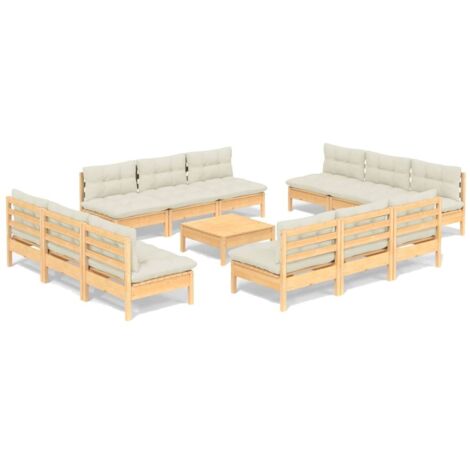 Salon de jardin 13 pcs avec coussins crème bois de pin vidaXL (1/5)