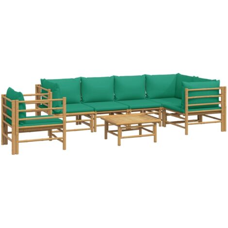 Vidaxl – Salon de jardin 7 pcs en bambou avec coussins verts – Ensemble modulable pour extérieur – Table 55x65cm – Canapés confortables