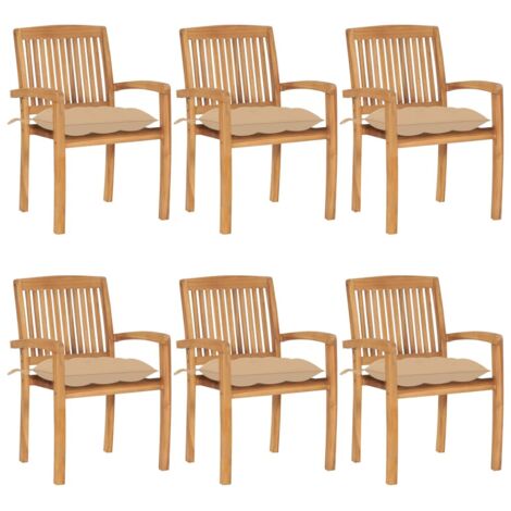 Chaises de jardin empilables avec coussins lot de 6 Teck solide vidaXL (1/5)