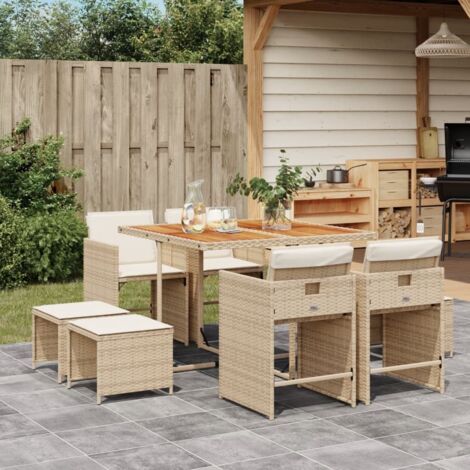 vidaXL 9 Piece Garden Dining Set with Cushions Beige Poly Rattan