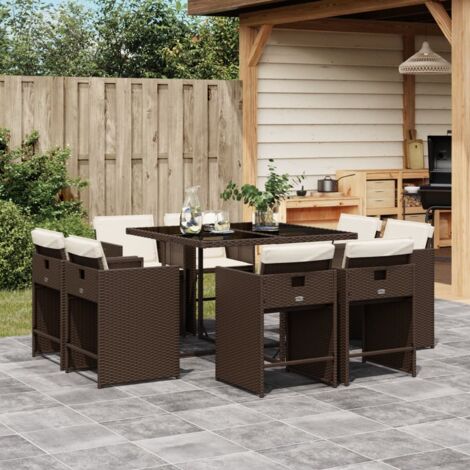 vidaXL 9 Piece Garden Dining Set with Cushions Brown Poly Rattan