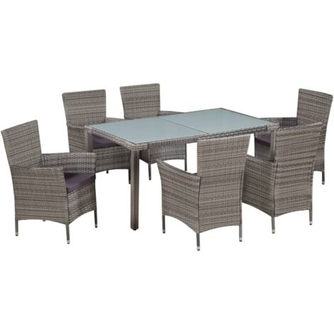 Vidaxl – Ensemble table et chaise de jardin 7 pcs – Résine tressée gris avec coussins amovibles – Table en verre 150x90cm – Chaises confortables (1/5)