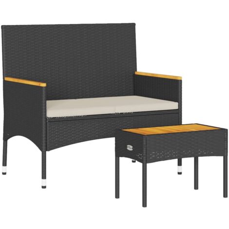 vidaXL Banc de jardin 2 places avec coussins/table noir résine tressée