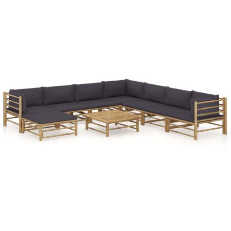 vidaXL Salon de jardin 9 pcs avec coussins gris foncé bambou