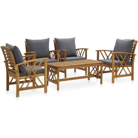 Vidaxl – Salon de jardin 5 pcs en bois d'acacia massif – Coussins épais gris foncé – Table basse 102x50x43 cm – Chaises confortables avec accoudoirs