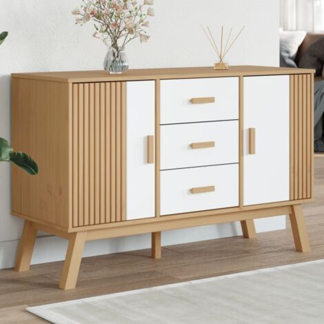 Vidaxl – Buffet scandinave en bois massif de pin – 3 tiroirs et 2 compartiments – Dimensions 114x43x73,5cm – Style vintage blanc et marron (1/5)