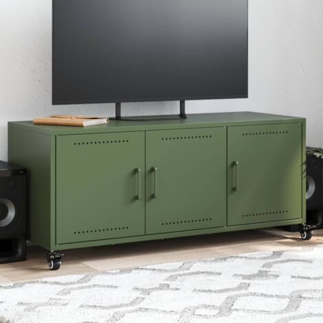 Vidaxl – Meuble TV vert olive 100,5x39x43,5 cm en acier laminé à froid – 3 portes de rangement – Surface résistante aux taches – 4 roues pour déplacement facile (1/5)
