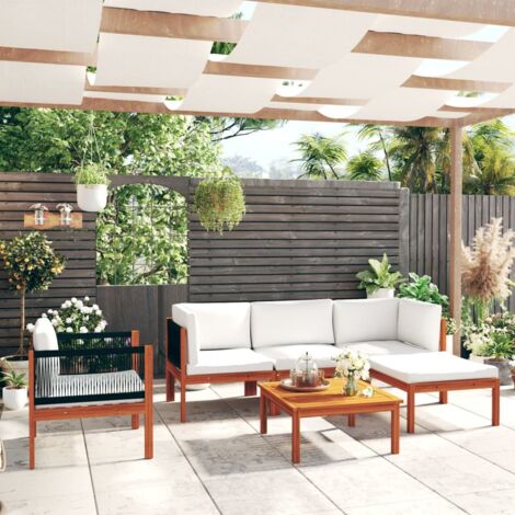 vidaXL Salon de jardin 6 pièces avec coussins, bois d'acacia crème et corde