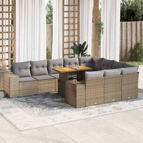 vidaXL Salon de jardin avec coussins 10pcs beige résine tressée acacia (1/5)