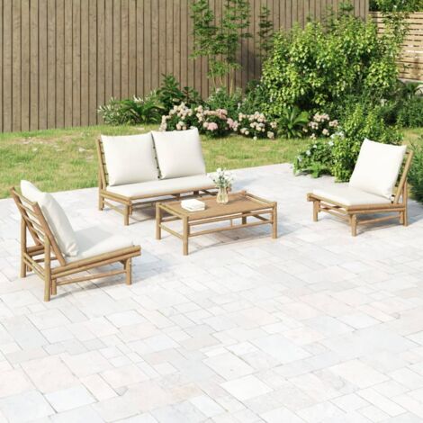 Vidaxl – Salon de jardin 4 pcs en bambou avec coussins moelleux – Table basse 100x55cm – Banc 115x85,5cm – Chaises 60x86cm pour extérieur (1/5)
