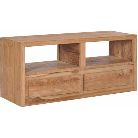 Vidaxl – Meuble TV en bois de teck massif 90x30x40 cm – 2 tiroirs – Style vintage – Compartiments ouverts pour multimédia (1/10)