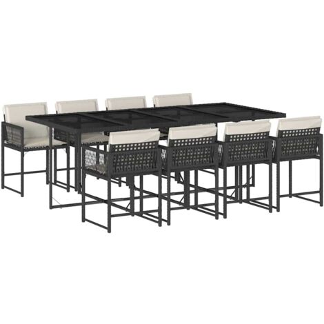 Vidaxl – Ensemble table et chaises de jardin 9 pièces – Résine tressée noire – Coussins amovibles et lavables – Dimensions table 220x106x73cm