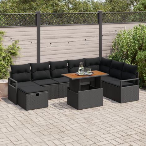 Canapé de jardin 9 pièces avec coussins noir en poly rotin, Canapé de jardin 2 places noir en poly rotin (1/5)