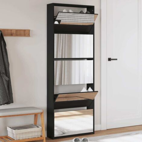 Vidaxl – Armoire à chaussures 5 niveaux noir 63x17x169,5 cm – Bois d'ingénierie et verre – Fixation murale incluse – Rangement pour 15-20 paires