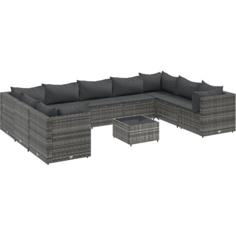 Vidaxl – Salon de jardin 10 pcs avec coussins gris – Résine tressée et acier – Confort optimal pour extérieur – Dimensions canapé 63x63x57,5 cm (1/6)