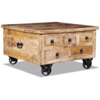 Vidaxl – Table basse fixe en bois de manguier brut 70 x 70 x 40 cm – 5 tiroirs – 4 roulettes en fer – Design vintage