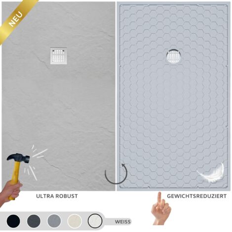 SOULBATH Duschwanne aus Harz und Faser – Robust und ultraleicht – Schieferstruktur – Weiß – 110X70 – Extra flach + Ablaufventil und Rost (1/5)