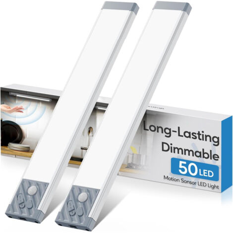 2 lampes d'armoire à capteurs 50 LED,Lumière Blanche,coque argent (1/5)