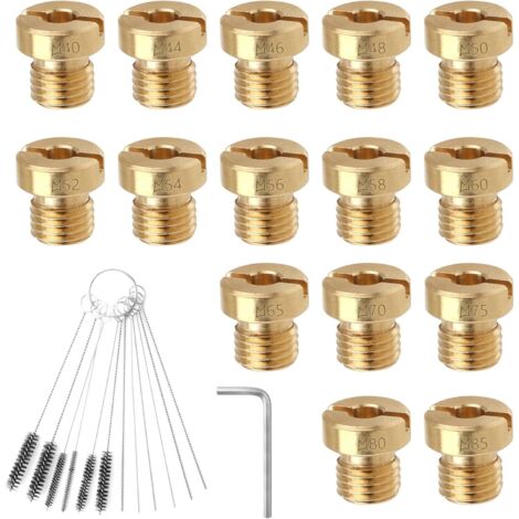 15 Pièces 4mm Jet Principal Carburateur pour Dellorto M4 Buses Carburateur 40 44 46 48 50 52 54 56 58 60 65 70 75 80 85 Tailles pour GY6 avec Accessoires de Nettoyage (1/5)