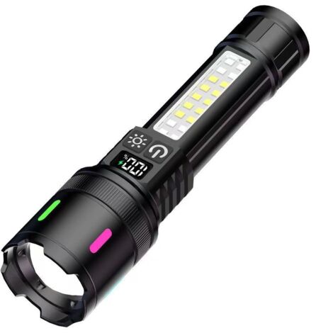 Lampe de Poche Rechargeable 30W 6000lm Lampe de Poche LED Lumière Forte Zoom Torche pour Exploration Pêche Chasse en Plein Air