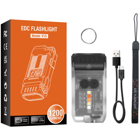 V15 Mini Lampe de Poche Led Ultra Puissante 1200Lm Rechargeable USB C, EDC Petite Lampe Torche Clé Lumière Chaude Rouge Bleu 10 Modes Imperméable IP67 Flashlight Clip [Classe énergétique G] (1/5)