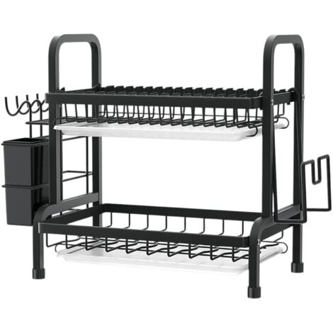 Égouttoir à vaisselle compact à 2 niveaux avec porte-couteaux et baguettes et bac de récupération (1/5)