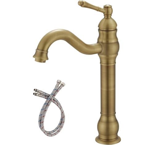 Mitigeur de lavabo monotrou en laiton antique avec tuyau d'alimentation en eau de 60 cm (1/5)