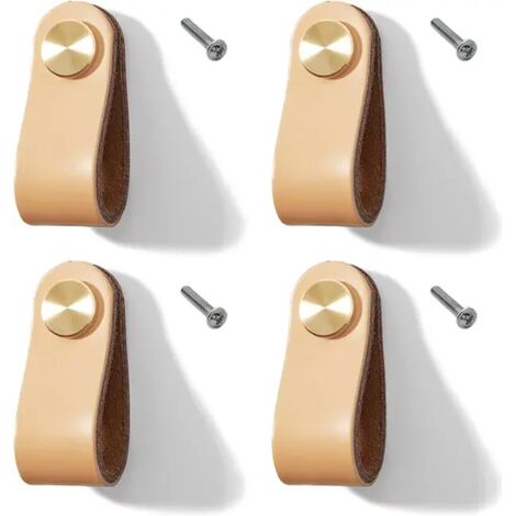 Lot de 4 poignées de meuble en cuir pour poignée en cuir, armoires de cuisine, armoires (beige, trou unique) (1/5)