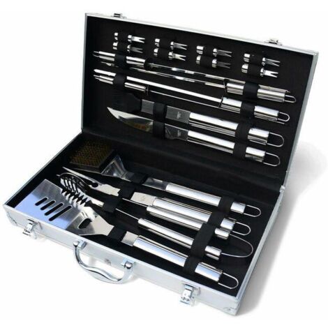 Boîte en aluminium pour ustensiles de grill, barbecue et friture avec grandes poignées tubulaires - 18 pièces