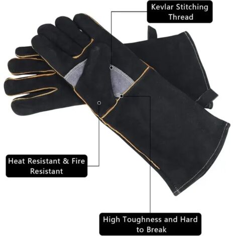 Gants résistants au feu et à la chaleur, en cuir, coutures en Kevlar, parfaits pour cheminées, poêles, fours, grils, soudure, barbecues (noir et gris 16 pouces) (1/4)