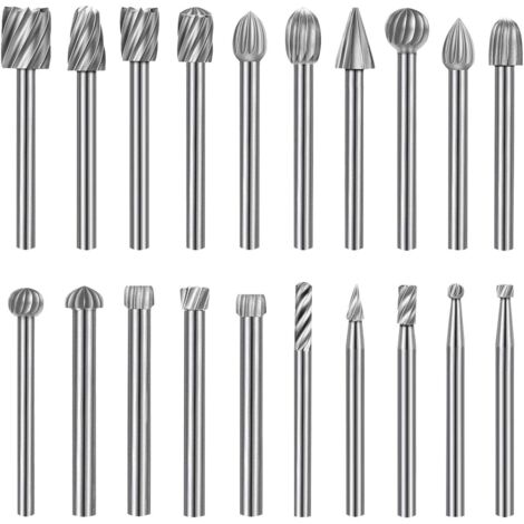 Fraises rotatives 20 pièces, forets rotatifs en acier rapide, compatibles avec Dremel, diamètre de tige 3,17 mm, outils rotatifs à tige, adaptés au travail du bois avec meuleuse