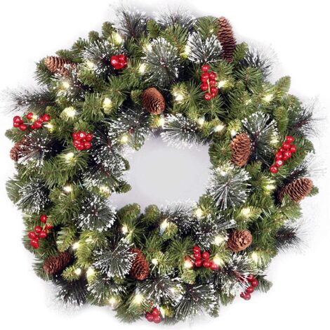 Couronne de Noel Artificielle 50cm avec lumiere LED Base de epinette Decoree de Pommes de Pin Grappes de Baies Branches Givrees (1/4)