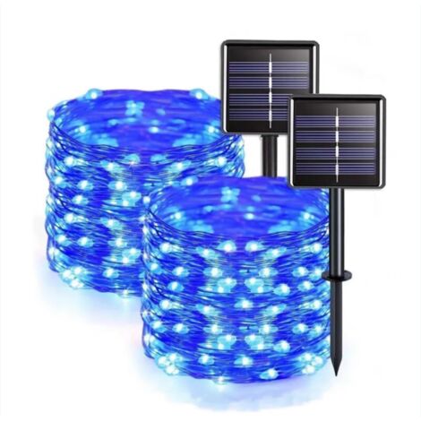 Guirlande lumineuse solaire d'extérieur, 12 m, argentée, 100 lumières, 8 modes – Lumière bleue, idéale pour jardin, terrasse, cour, maison, Noël, mariages et fêtes [Classe énergétique A] (1/5)