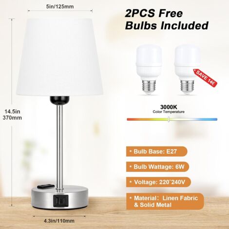 Lampe De Chevet Tactile Kakanuo - Lot De 2 - Ports USB-C, USB-A Et Prise AC - 3 Intensités Réglables - Abat-jour Cristal Blanc