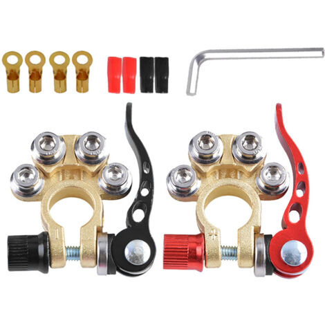 Bornes De Batterie Voiture - Lot De 2 (positif Rouge, Négatif Noir), 4 Voies, Laiton - Pour Pôles Supérieurs/latéraux, 12V