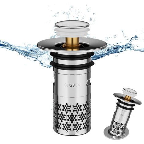 Bouchon de lavabo universel pop-up inox argenté, filtre de vidange anti-colmatage amélioré, diamètre 33-40mm (1/5)