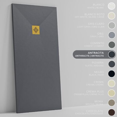 SOULHOME Piatto doccia- Resina -Gel Coat -Texture liscia/pietra -Antiscivolo -Colore Antracite - 80X70- Extra piatto 3cm. GRIGLIA DORATA (1/5)