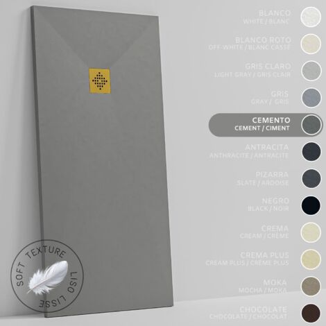 SOULHOME Piatto doccia- Resina -Gel Coat -Texture Liscio Seta -Antiscivolo -Colore Grigio Cemento - 130X70- Extra piatto 3cm. GRIGLIA DORATA (1/5)