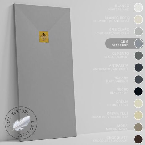 SOULHOME Piatto doccia- Resina -Gel Coat -Texture Liscio Seta -Antiscivolo -Colore Grigio - 170x90- Extra piatto 3cm. GRIGLIA DORATA (1/5)