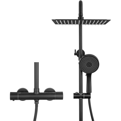 Colonne Douche Thermostatique Noir, tête douche carrée 30 x 30 cm, Pommeau Douche ronde 5 Jets, Douche Pluie Réglable en Hauteur