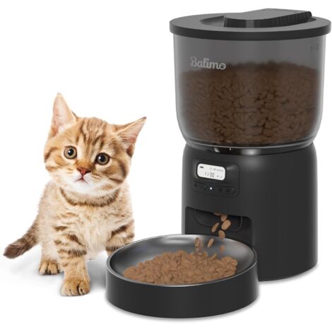 3L Noir Distributeur Croquettes Chat Automatique, Minuterie Programmable Fonction D'Enregistrement, avec Bol en Acier Inoxydable, 6 Repas par Jour