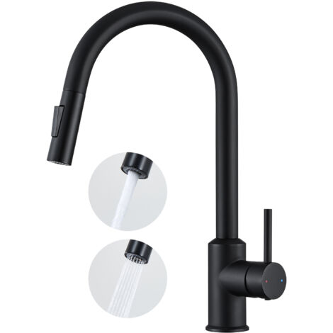 Anycee Max Mitigeur de Cuisine avec Douchette Extractible - Rotatif à 360 ° en Acier Inoxydable Mitigeur Cuisine d'Évier - 2 Modes de Sortie D'eau - Noir (1/5)