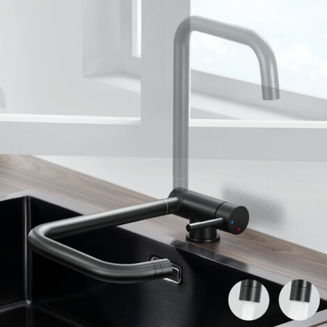Mitigeur Cuisine Rabattable Noir, Robinet Cuisine Pliable avec 2 jets à choix avec bec orientable 360°, Mitigeur de cuisine sous fenêtre