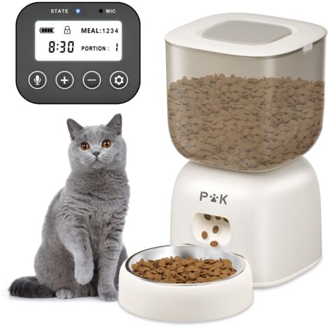 3L Distributeur Croquettes Chat Automatique, Autonomie de la Batterie jusqu'à 180 Jours, Programme d'alimentation Personnalisé, Enregistrement Vocal 10S, Blanc