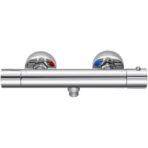 Thermostat de douche avec bouton de sécurité 38 °C, robinet de douche, mitigeur eau chaude et froide pour salle de bain - Chromé