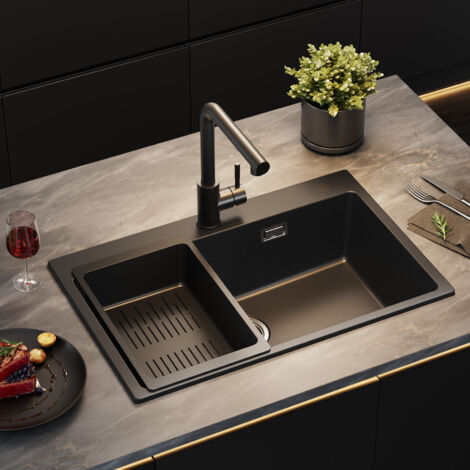 Sofetiy Max 70 × 45 cm Évier en granit , évier de cuisine en granit avec égouttoir, évier à poser, siphon, bonde et trop-plein inclus