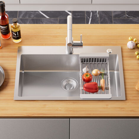 70 × 45 CM Évier 1 Bac avec Égouttoir Panier, Évier Cuisine Inox Argent, Montage à Encastrer et à Fleur pour meuble de 80 CM